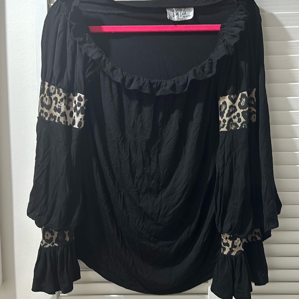 Black off shoulder top with leopard trim